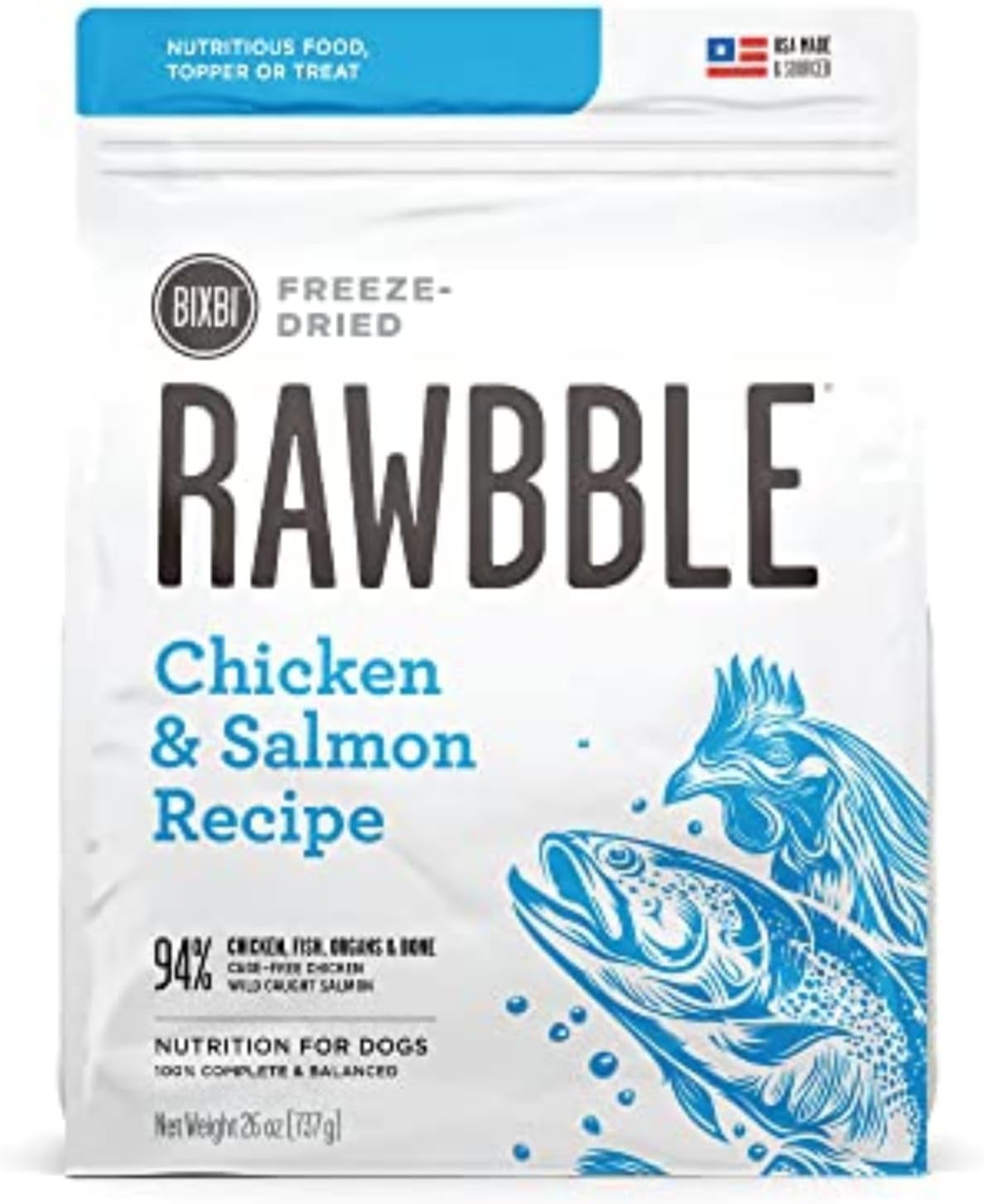 Rawbble Freeze Dried Dog Food, Chicken & Salmon Recipe, 26 Oz - 94% Meat and Org