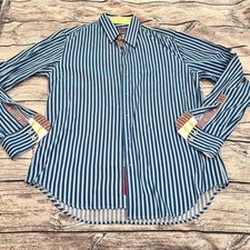 Robert Graham Striped Blue Button Down; Embroidered Edges; Tailored Fit size L
