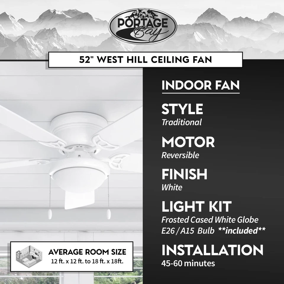 50254 Hugger 52" White West Hill Ceiling Fan with Bowl Light Kit - Image 4 of 4