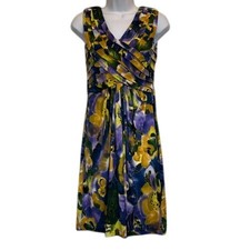 Adrianna Papell 4 Yellow Purple Floral Print Pleated Cocktail Dress Wedding