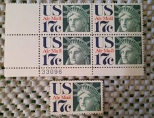USPS C80 STATUE of LIBERTY Block of 4 + 1sngl 17 Cent AIRMAIL stamps OGNH   1971