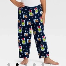 Kids Grinch Print Fleece Holiday Matching Family Pajama Bottoms Navy L 10/12