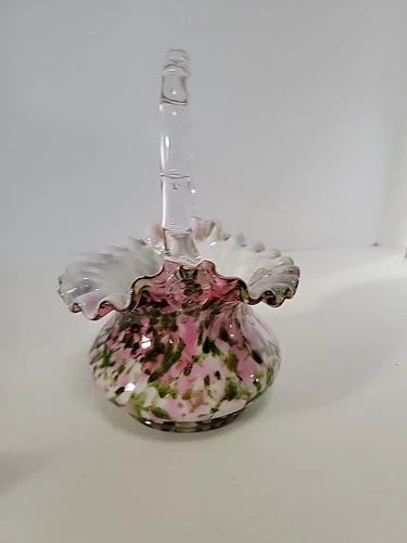 Vintage Fenton Ruffled Basket Murrihina Style Pink Green Glass 7 inch