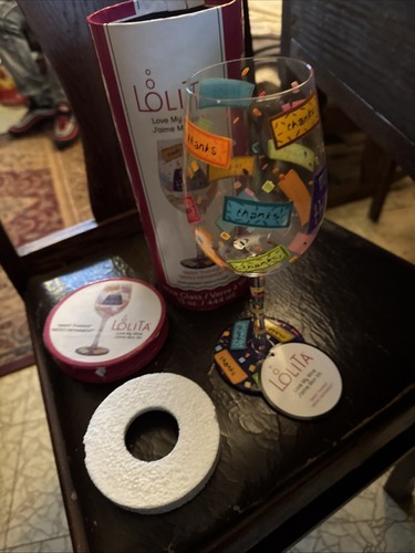 Lolita “Many Thanks Merci Infiniment” Wine Glass Hand Painted 15 Ounce NIB