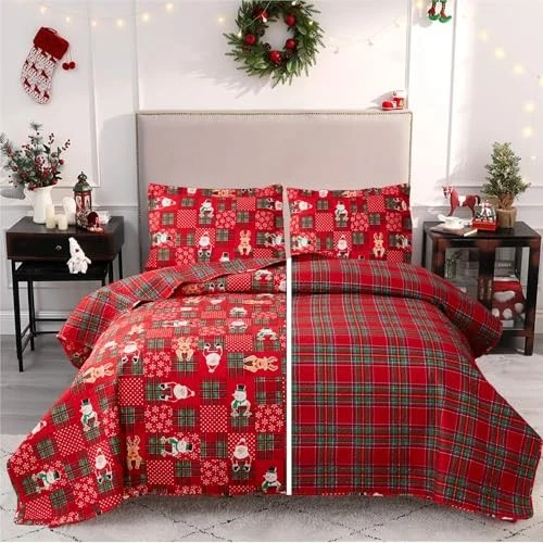 Juego de edredón Feliz Navidad patrón a cuadros rojo verde talla muñecos de nieve rey multicolor Foto 2 de 4