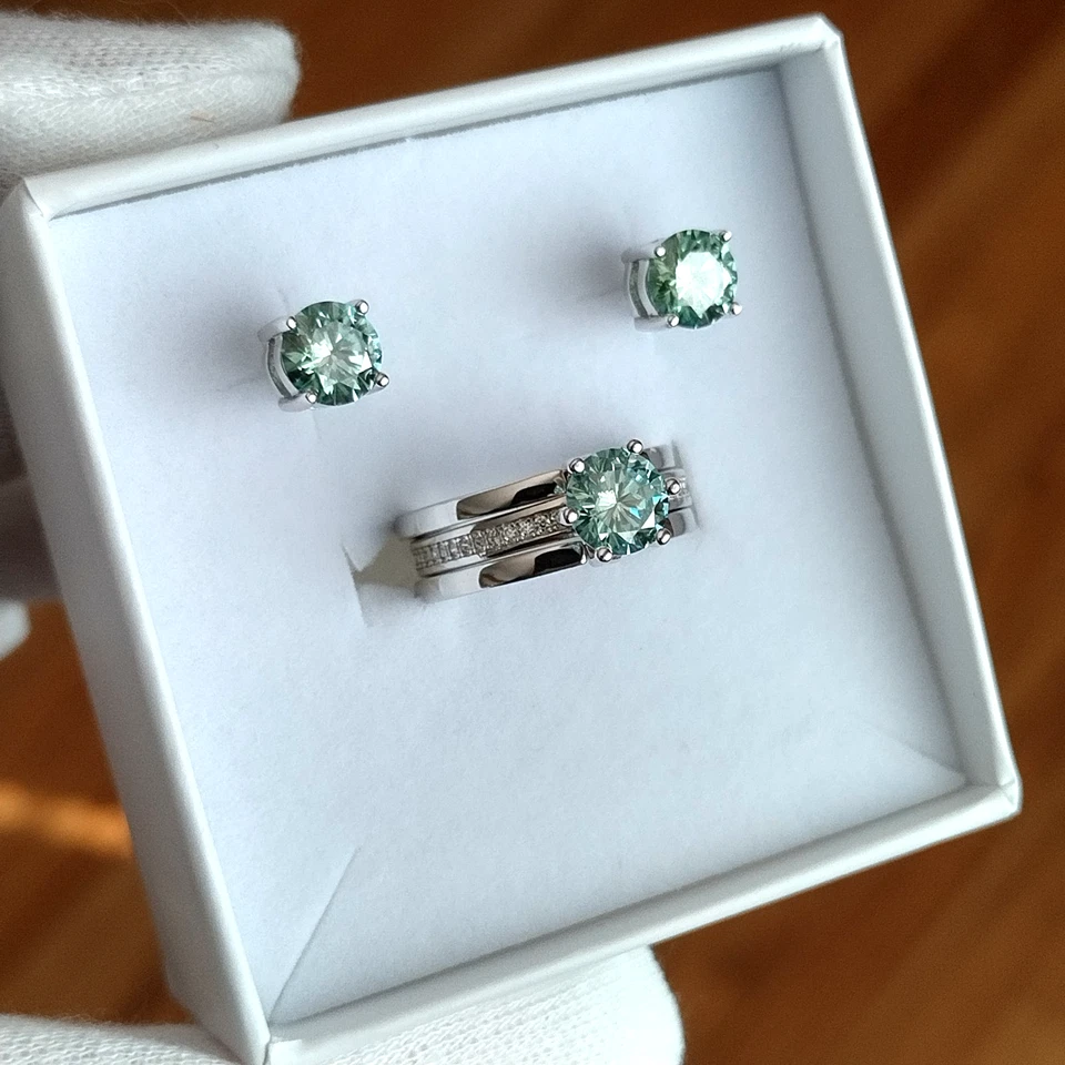 6.5 毫米蓝色绿色莫桑石订婚戒指耳环套装 3 克拉 5 GRA 码 — 第 4/4 张图片