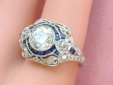 Art Deco Style White Lab Created Diamond  Sapphire Engagement 925 Silver Ring