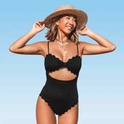Cupshe Black One Piece Cutout Swimsuit Adjustable Scalloped Trim XLarge NEW