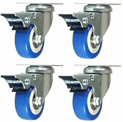 Y&Y DECOR 4 Pack 2" Caster Wheels Swivel Plate Total Lock Brake Blue Polyurethane PU 260LB