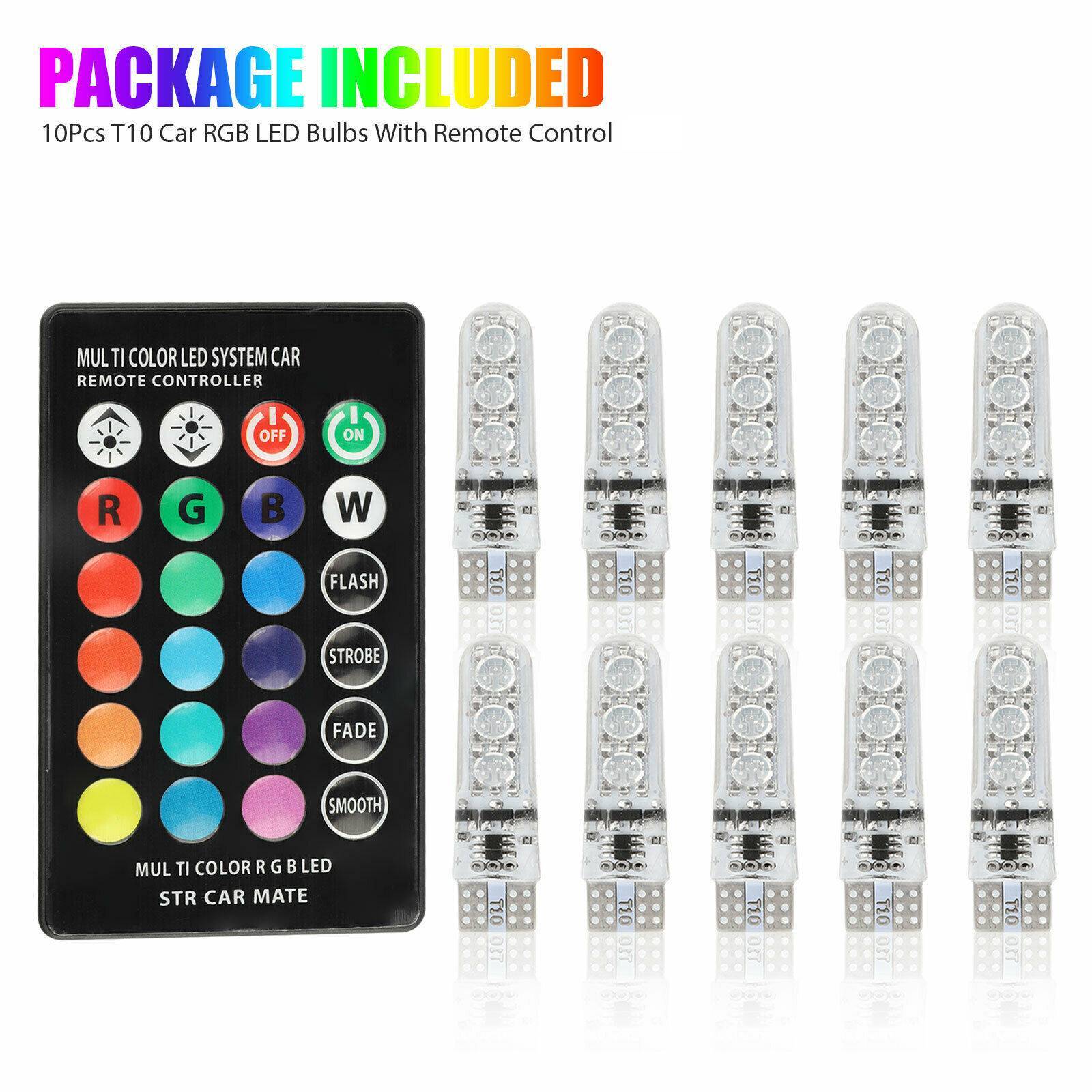 10X RGB LED T10 168 194 Car Parking Light Bulbs MultiColor w/RF Remote