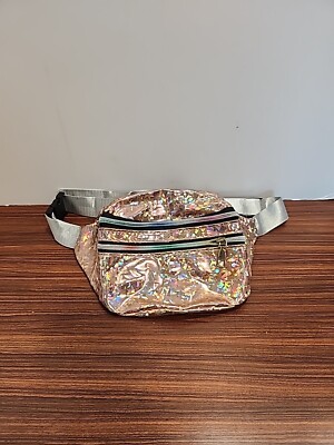 Unique Pink Holographic 80s 90s Fanny Pack Rainbow Zippers Waist Metallic