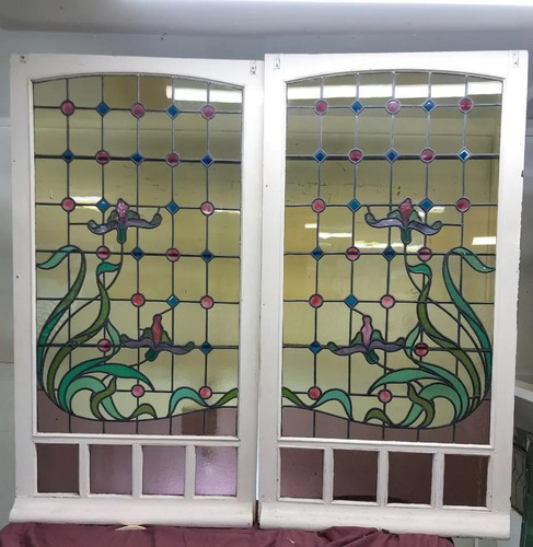 Pair Large Art Nouveau Stained Glass Windows Antique Period Lead Old Reclaimed Ebay
