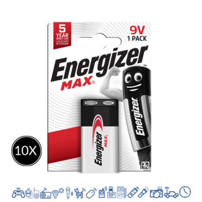 10 x Energizer Max 9V Block Alkaline E-Block 6LR21  Batterie - Rauchmelder 