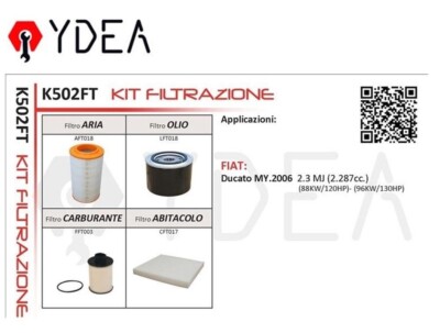 Maintenance Kit Filters Fiat Ducato (MY.2006) 2.3 MJ (2,287cc) - Ydea K502FT