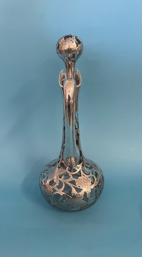 Antica brocca decanter in vetro argento sterling Alvin sovrapposizione vite uva - Foto 2 di 19