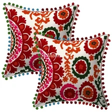 Hand  Embroidered Suzani White Colorful Cushion Cover Set of 2 pcs Pillow Cover