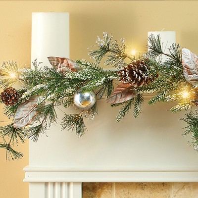 Decorated Lighted Garland Christmas Silver Pine Ornaments Mantel