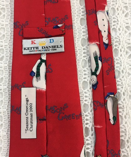 Corbata de Navidad Keith Daniels Red Seasons Greetings estampado muñeco de nieve 100 % seda BONITA - Imagen 5 de 8