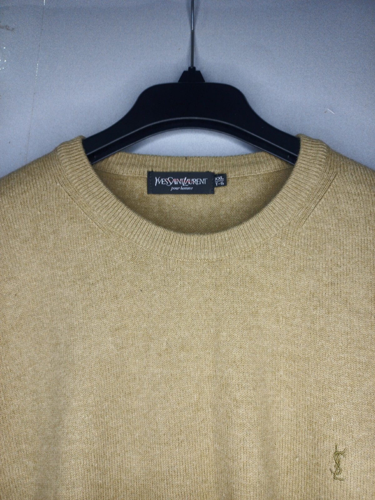 Maglione maglia girocollo Yves Saint Laurent lana angora logo Ysl XXL beige