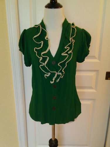 Anthropologie Odille Top Blouse Size 2 Green Cotton  - Picture 1 of 7