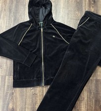 Lauren Ralph Lauren Women's L Velour Track Suit Black Gold Monogram Old Money