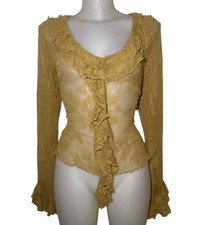 Vtg 90s Womens Victorian Gold Floral Lace Mesh Sheer Ruffle Top Sz M Whimsigoth