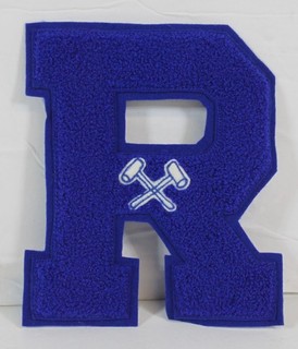 Vtg Chenille Varsity Letter R Royal Blue Crossed Hammers Mallets Emblem Michigan