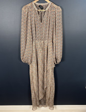 MinkPink Brown Cream Burgundy Floral Sheer Dress Ruffle Dress Maxi Size L