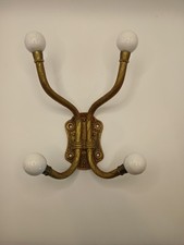 Vintage Brass And Porcelain 4 Hook Hanger Knobs Wall Mount Coat Hat