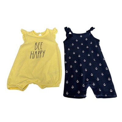 Rae Dunn HB Baby Girls Romper Set 0-3M Yellow Bee Happy Navy Anchor 100% Cotton