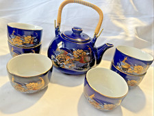 NIB Cobalt Blue Japanese Porcelain Tea Set With Teapot And 6 Tea Cups peacocks