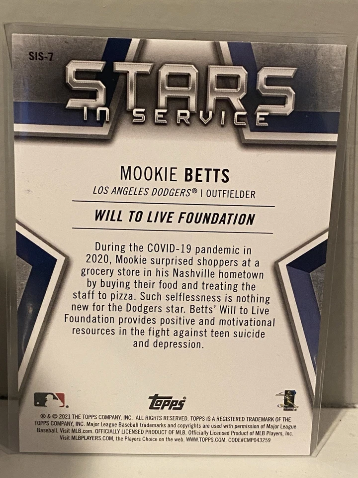 2021 Topps Series 1 Mookie Betts LA Dodgers Stars In Service Insert Card #SIS-7 - Image 2 of 4