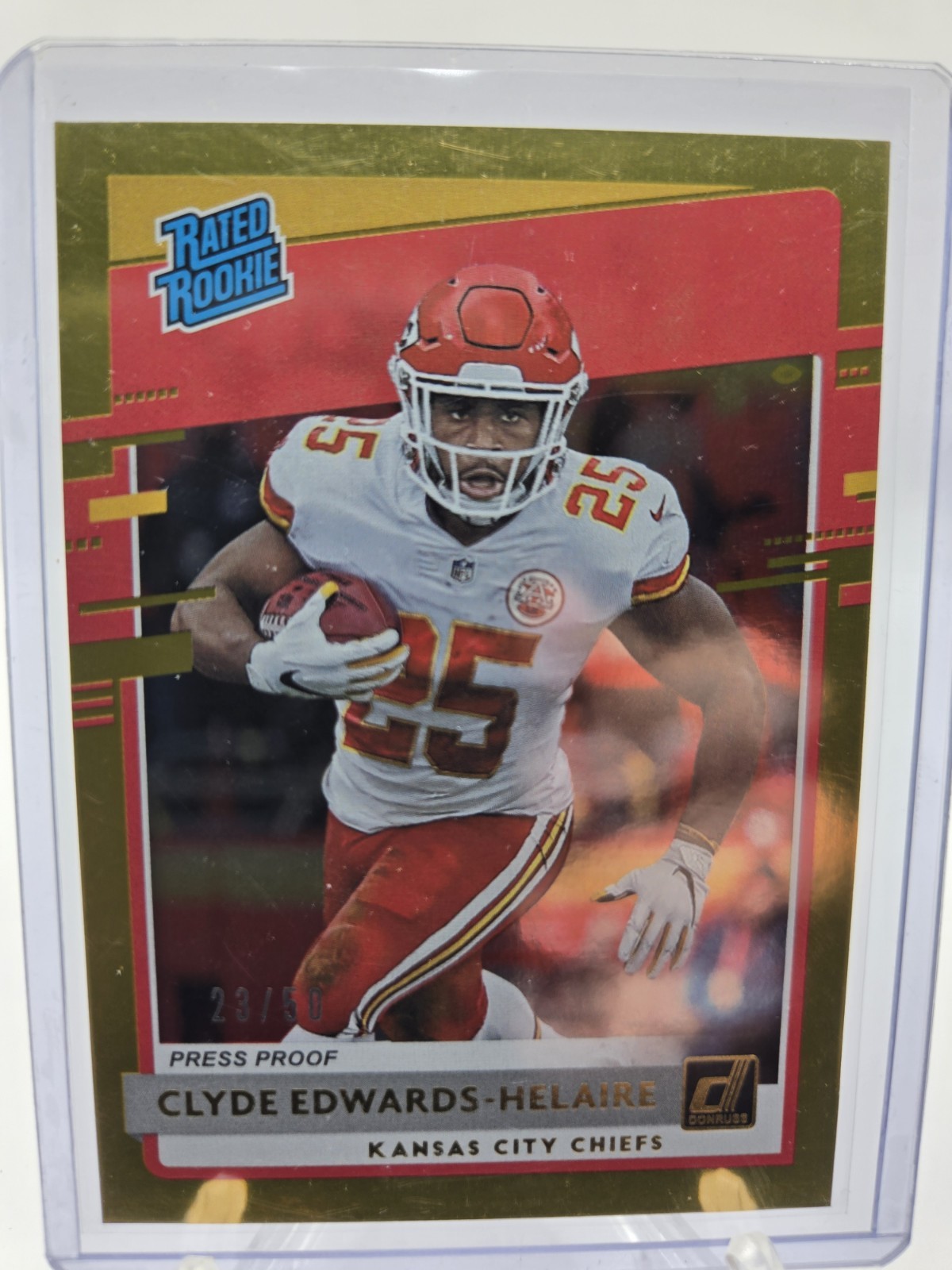 2020 Donruss Clyde Edwards-Helaire Rated Rookie NM Gold /50 Press Proof Chiefs