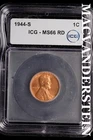 1944-S Lincoln Wheat Cent-ICG MS 66 RD Choice Gem BU No Reserve #SLL629