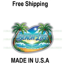 Beach Life Vinyl Decal Sticker Water Waves Palm Trees Sunrise A