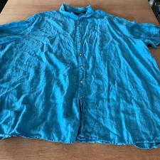 Perry Ellis 100% Linen Shirt Men 5XLT Blue Button Up Short Sleeve Collared