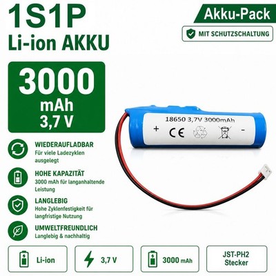 1S1P Akku-Pack 3,7 V 3000 mAh Li-Ion  mit JST-PH 2 Stecker, BMS Board