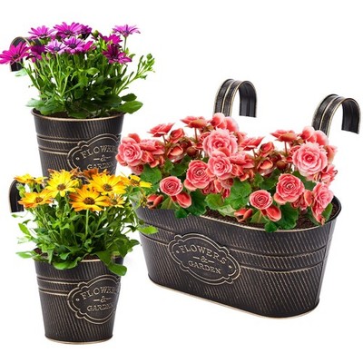 3 Pack Metal Railing Planter Box Outdoor, 10.6'' Hanging Flower Pots with Deta...