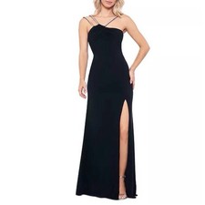 Xscape Women Dress Size 14 Black Rhinestone Strap Split front Cocktail Gown New