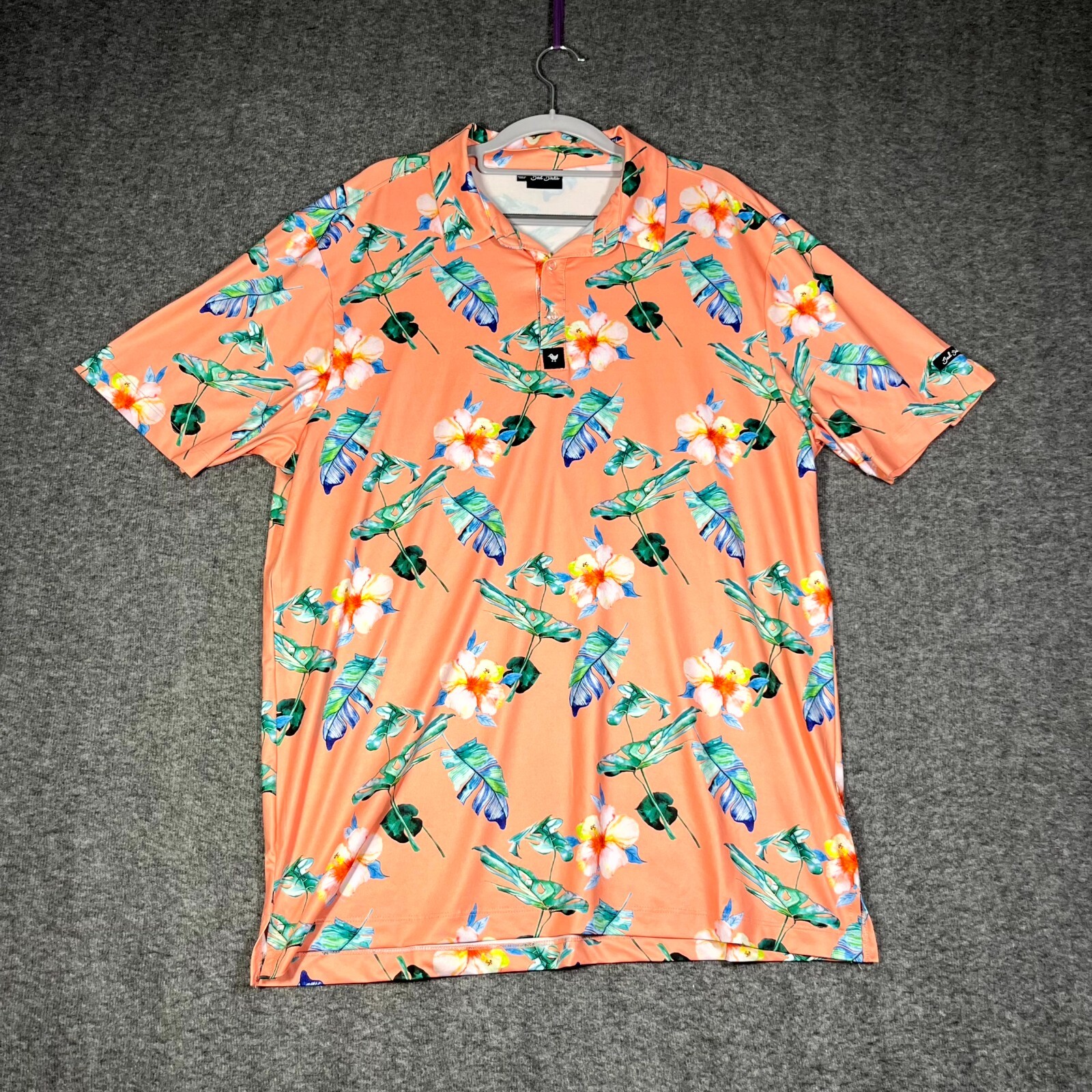 Bad Birdie Polo Mens XL Golf Orange Bird of Paradise Floral Stretch