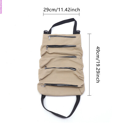 Roll Up Tool Organizer Wrench Storage Pouch 5 Pockets Mechanics Wrap Bag BrownUS