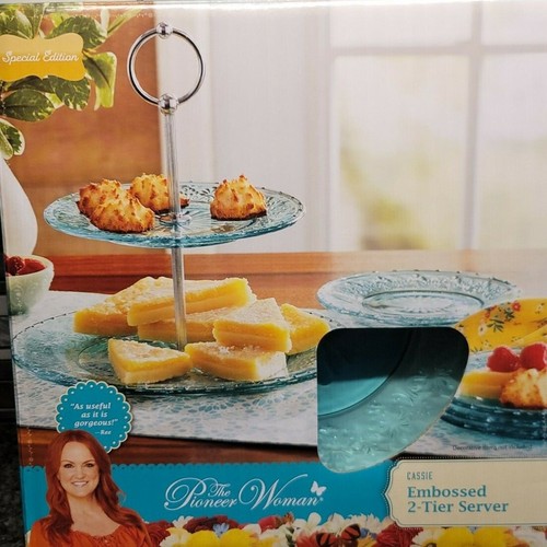 Pioneer Woman 2 Tiered Dessert Server Cassie Embossed Glass Teal or Clear U Pick - Picture 21 of 24