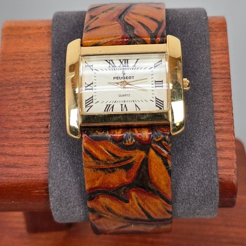Vintage Peugeot Womens Gold-Tone Quartz Watch W/ Embossed Floral Leather Band - Picture 2 of 9