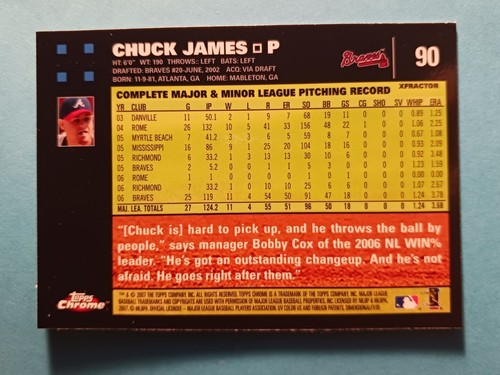 2007 Atlanta BRAVES Topps Chrome Refractors #90 Chuck James - Picture 2 of 2