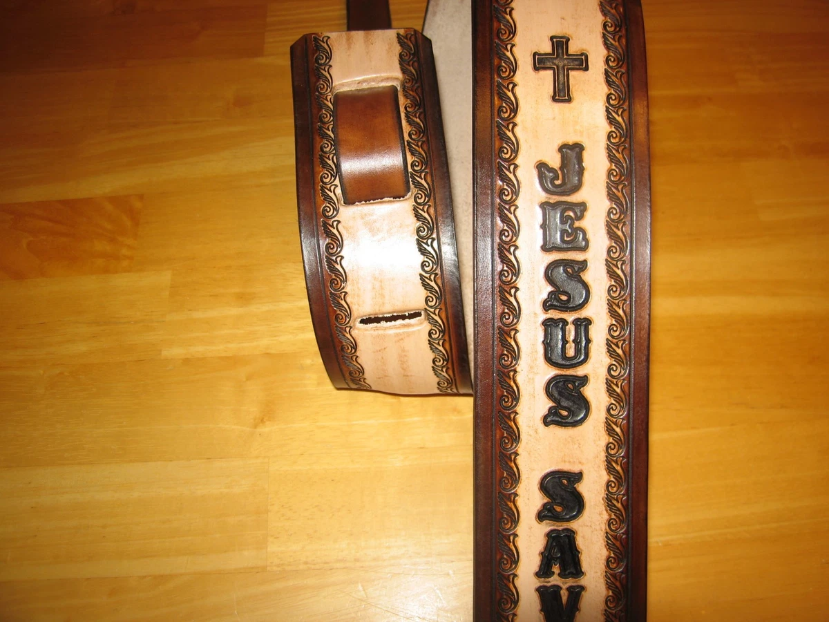 CUSTOM MADE LEATHER GUITAR STRAP JESUS SAVES CROSS PRAYING HANDS