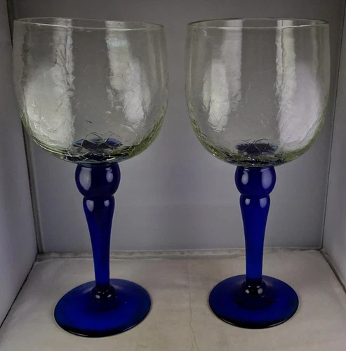 Pr. Tall Blenko (?) Crackle Art Glass Goblets Cobalt Stems 12 7/8"