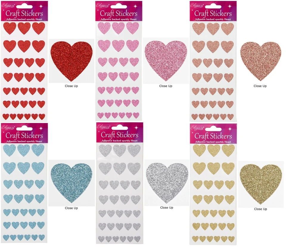 ELEGANZA Self Adhesive Glitter Heart Sparkly Stickers Sheet of 30 - 4 Sizes of Hearts