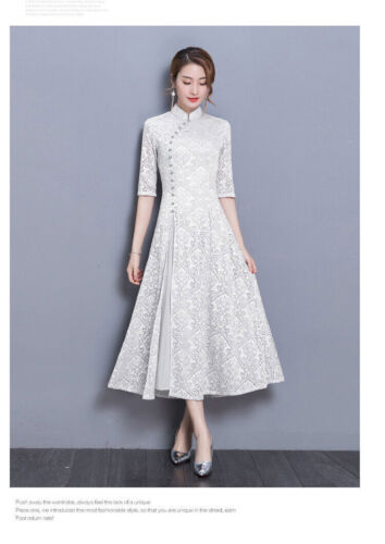 Modern Cheongsam Women Lace Qipao Chinese Dress Long Party Dress - Picture 3 of 27
