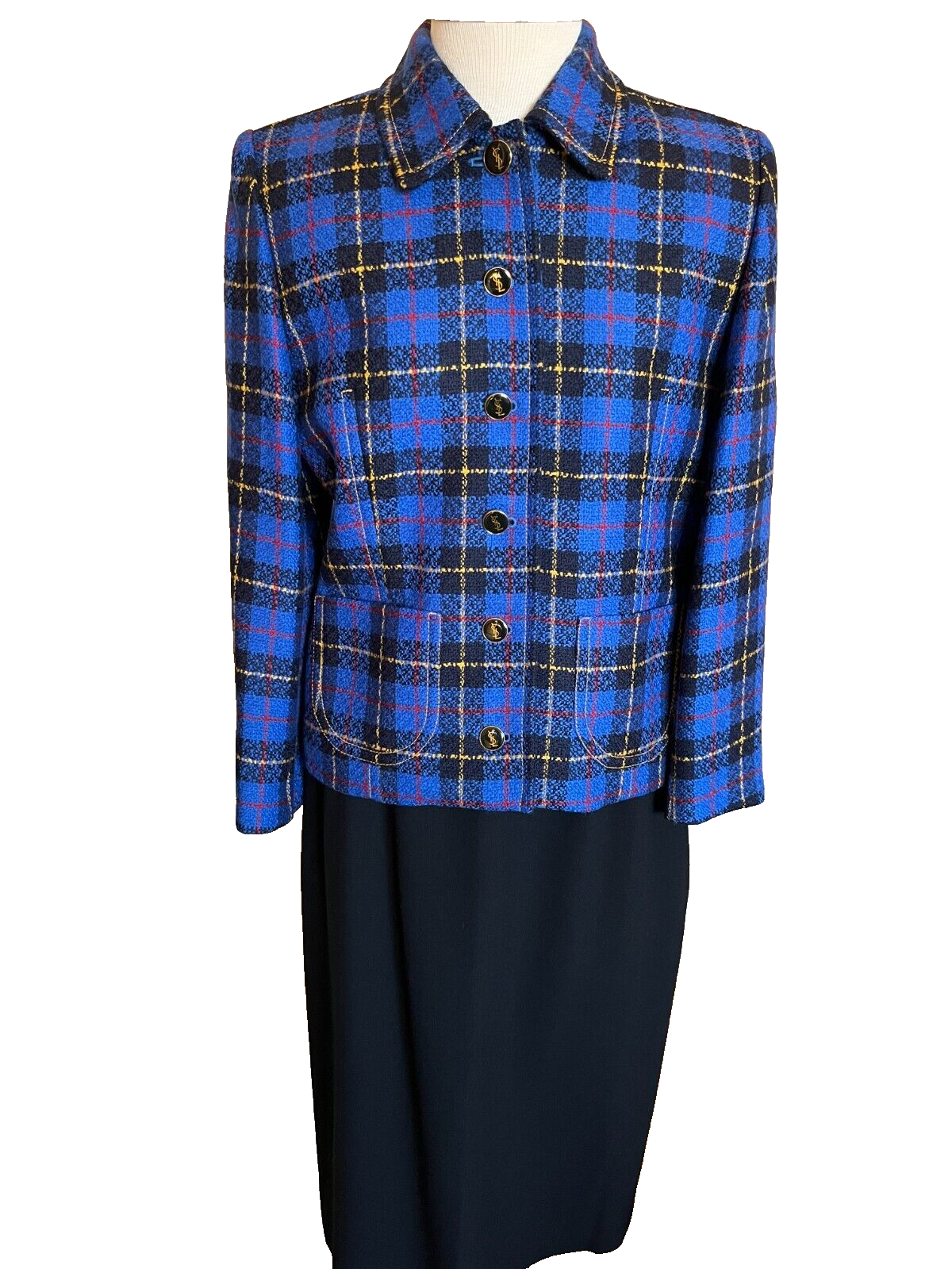 Gonna tuta Yves Saint Laurent France Encore 2 pezzi nero blu lana a quadri taglia 8 10