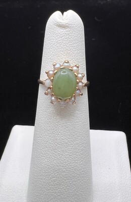 Vintage 10k Yellow Gold Jade & Pearl Ring Size 4.5
